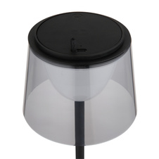 Stolní lampa, kov černý, plast kouřový a černý, dotykové zapnutí/vypnutí, stmívatelná, plynulý dotykový stmívač, paměť, bez adaptéru, USB-A - USB-C, IP44, nabíjí se a svítí cca 3h, svítí během nabíjení, ø: 130mm, V: 340mm, LED 1,8W 230V 150lm 3000K
