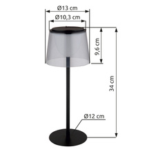 Stolní lampa, kov černý, plast kouřový a černý, dotykové zapnutí/vypnutí, stmívatelná, plynulý dotykový stmívač, paměť, bez adaptéru, USB-A - USB-C, IP44, nabíjí se a svítí cca 3h, svítí během nabíjení, ø: 130mm, V: 340mm, LED 1,8W 230V 150lm 3000K