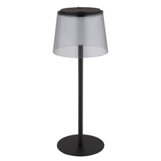 Stolní lampa, kov černý, plast kouřový a černý, dotykové zapnutí/vypnutí, stmívatelná, plynulý dotykový stmívač, paměť, bez adaptéru, USB-A - USB-C, IP44, nabíjí se a svítí cca 3h, svítí během nabíjení, ø: 130mm, V: 340mm, LED 1,8W 230V 150lm 3000K