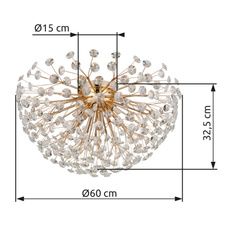Stropní svítidlo, kov zlatý, K9 čiré křišťály, ø: 600 mm, V: 325 mm, včetně žárovek 6xG9 LED, max. 3,5 W 230 V, zdroj 350 lm, výkon 350 lm, 3000K, včetně LED žárovek 10676