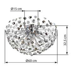 Stropní svítidlo, kov chrom, křišťály K9, kouřové, čiré, ø: 600 mm, V: 325 mm, včetně žárovek 6xG9 LED, max. 3,5 W 230 V, zdroj 350 lm, výkon 350 lm, 3000K, včetně LED žárovek 10676