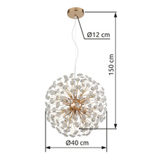 Závěsné svítidlo, zlatý kov, čiré křišťály K9, PVC kabel transparentní, výškově nastavitelné, ø: 400 mm, V: 1500 mm, včetně žárovek 8xG9 LED, max. 3,5 W 230 V, zdroj 350 lm, výkon 350 lm, 3000K, včetně LED žárovek 10676