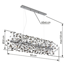 Závěsné svítidlo, kov chrom, křišťály K9, kouřové, čiré, průhledný PVC kabel, možnost zkrácení výšky, DxŠxV: 900x300x1500mm, včetně 12xLED žárovky G9, max. 3,5W 230V, zdroj 350lm, výkon 350lm, 3000K, včetně LED žárovek 10676