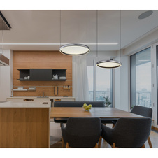 Závěsné svítidlo, kov/hliník černý mat, saténový akryl, stmívatelné, několik úrovní nástěnným spínačem, paměťová funkce, noční světlo, dálkové ovládání, DxŠxV: 890x500x1500mm, ø kruhů: 1x500mm a 1x400mm, LED 50W 230V, výkon 100-1000lm, CCT2700-6000K