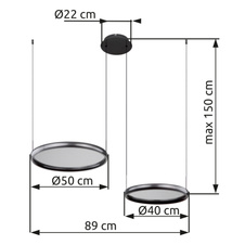 Závěsné svítidlo, kov/hliník černý mat, saténový akryl, stmívatelné, několik úrovní nástěnným spínačem, paměťová funkce, noční světlo, dálkové ovládání, DxŠxV: 890x500x1500mm, ø kruhů: 1x500mm a 1x400mm, LED 50W 230V, výkon 100-1000lm, CCT2700-6000K