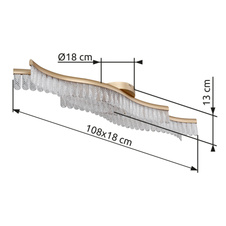 Stropní svítidlo, matný zlatý kov, čiré akrylové křišťály, DxŠxV: 1080x180x130mm, včetně LED 35W 230V, zdroj 4480lm, výkon 1560lm, 3200K