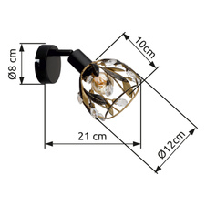 Nástěnné svítidlo, černý matný kov, zlatý kov, černě patinovaný, čiré akrylové krystaly, šxv: 120x160mm, v: 210mm, bez žárovky 1xE14, max. 25W 230V