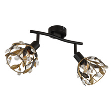 Nástěnné svítidlo, zlatý a černý kov, černá patina, čiré akrylové krystaly, DxŠxV: 250x120x155mm, bez žárovek 2xE14, max. 25W 230V