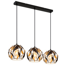 Závěsné svítidlo, černý matný kov, zlatý kov, černá patina, čiré akrylové krystaly, černý PVC kabel, DxŠxVxH: 740x200x1500mm, bez žárovek 3xE27, max. 40W 230V