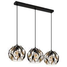 Závěsné svítidlo, černý matný kov, zlatý kov, černá patina, čiré akrylové krystaly, černý PVC kabel, DxŠxVxH: 740x200x1500mm, bez žárovek 3xE27, max. 40W 230V