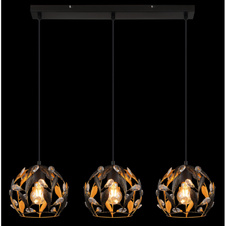 Závěsné svítidlo, černý matný kov, zlatý kov, černá patina, čiré akrylové krystaly, černý PVC kabel, DxŠxVxH: 740x200x1500mm, bez žárovek 3xE27, max. 40W 230V