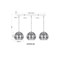 Závěsné svítidlo, černý matný kov, zlatý kov, černá patina, čiré akrylové krystaly, černý PVC kabel, DxŠxVxH: 740x200x1500mm, bez žárovek 3xE27, max. 40W 230V