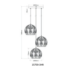 Závěsné svítidlo, černý matný kov, zlatý kov, černá patina, čiré akrylové krystaly, černý PVC kabel, ø: 410mm, V: 1500mm, bez žárovek 3xE27, max. 40W 230V