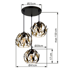 Závěsné svítidlo, černý matný kov, zlatý kov, černá patina, čiré akrylové krystaly, černý PVC kabel, ø: 410mm, V: 1500mm, bez žárovek 3xE27, max. 40W 230V