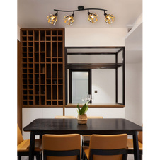 Stropní svítidlo, černý matný kov, zlatý kov, černá patina, čiré akrylové krystaly, otočné/výklopné, DxŠxV: 700x120x155mm, bez žárovek 4xE14, max. 25W 230V