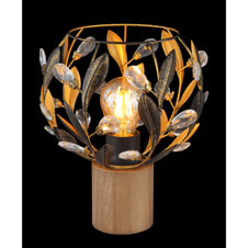 Stolní lampa, hnědé dřevo, zlatý kov, černá patina, čiré akrylové krystaly, černý PVC kabel, kolébkový vypínač na kabelu, ø: 200mm, V: 250mm, délka kabelu 1500mm, bez žárovky 1xE27, max. 40W 230V