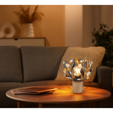 Stolní lampa, hnědé dřevo, zlatý kov, černá patina, čiré akrylové krystaly, černý PVC kabel, kolébkový vypínač na kabelu, ø: 200mm, V: 250mm, délka kabelu 1500mm, bez žárovky 1xE27, max. 40W 230V