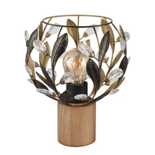 Stolní lampa, hnědé dřevo, zlatý kov, černá patina, čiré akrylové krystaly, černý PVC kabel, kolébkový vypínač na kabelu, ø: 200mm, V: 250mm, délka kabelu 1500mm, bez žárovky 1xE27, max. 40W 230V