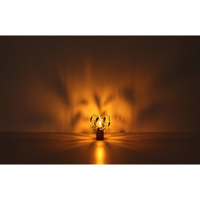 Stolní lampa, hnědé dřevo, zlatý kov, černá patina, čiré akrylové krystaly, černý PVC kabel, kolébkový vypínač na kabelu, ø: 200mm, V: 250mm, délka kabelu 1500mm, bez žárovky 1xE27, max. 40W 230V