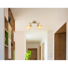 Nástěnné svítidlo, kovová mosaz matná, chrom, jantarové sklo, saténový povrch, otočné, DxŠxV: 250x130x190mm, bez žárovek 2xE14, max. 40W 230V