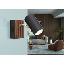 Nástěnné svítidlo, černý matný kov, tmavě hnědé dřevo, kolébkový vypínač na výrobku, otočné, ŠxV: 80x100mm, V: 125mm, bez žárovky 1xGU10, max. 25W 230V