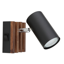 Nástěnné svítidlo, černý matný kov, tmavě hnědé dřevo, kolébkový vypínač na výrobku, otočné, ŠxV: 80x100mm, V: 125mm, bez žárovky 1xGU10, max. 25W 230V