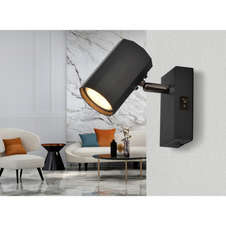 Nástěnné svítidlo, kov černý mat, hliník černý mat, vypínač, ŠxV: 70x140mm, V: 145mm, bez žárovky 1xGU10, max. 25W 230V