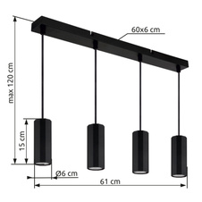 Závěsné svítidlo, kov černý matný, hliník černý matný, kabel PVC černý, možnost snížení výšky, DxŠxVxH: 610x60x1200mm, bez žárovek 4x GU10, max. 25W 230V
