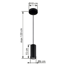 Závěsné svítidlo, kov černý matný, hliník černý matný, kabel PVC černý, výška lze zkrátit, ø: 100mm, V: 1200mm, bez žárovky 1xGU10, max. 25W 230V