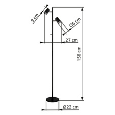 Stojací lampa, kov černý mat, hliník černý mat, kabel PVC černý, nožní vypínač na kabelu, DxŠxV: 270x220x1580mm, délka kabelu 1800mm, bez žárovek 2xGU10, max. LED 5W 230V