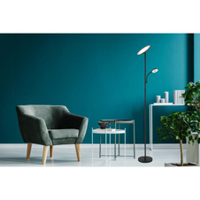 Stojanové svítidlo, kov/plast černý/bílý, dotyk. zapínání/vypínání, stmívatelné, plynule nastavitelný bod. stmívač, ø:250mm, V:1790mm, délka kabelu 1800mm, čtecí světlo ø:93mm, LED 20W 230V, 150-1100lm, CCT 3000/4000/6500K, LED 5W 230V, 330lm, 3000K.