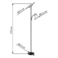 Stojanové svítidlo, kov/plast černý/bílý, dotyk. zapínání/vypínání, stmívatelné, plynule nastavitelný bod. stmívač, ø:250mm, V:1790mm, délka kabelu 1800mm, čtecí světlo ø:93mm, LED 20W 230V, 150-1100lm, CCT 3000/4000/6500K, LED 5W 230V, 330lm, 3000K.