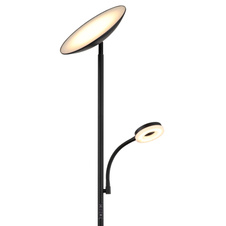 Stojanové svítidlo, kov/plast černý/bílý, dotyk. zapínání/vypínání, stmívatelné, plynule nastavitelný bod. stmívač, ø:250mm, V:1790mm, délka kabelu 1800mm, čtecí světlo ø:93mm, LED 20W 230V, 150-1100lm, CCT 3000/4000/6500K, LED 5W 230V, 330lm, 3000K.