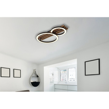 Stropní svítidlo, kov černý mat, MDF vzhled tmavého dřeva, plast černý, plast bílý, DxŠxV: 480x300x95mm, 1. kruh ø: 300mm, 2. kruh ø: 200mm, včetně LED 18W 230V, zdroj 1850lm, výkon 850lm, 3000K