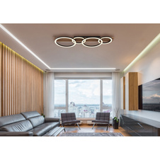 Stropní svítidlo, kov černý mat, MDF vzhled tmavého dřeva, černý matný plast, bílý plast, DxŠxV: 860x300x95mm, 2 kruhy ø: 300mm, 2 kruhy ø: 200mm, včetně LED 30W 230V, zdroj 3100lm, výkon 1500lm, 3000K