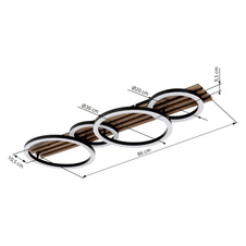 Stropní svítidlo, kov černý mat, MDF vzhled tmavého dřeva, černý matný plast, bílý plast, DxŠxV: 860x300x95mm, 2 kruhy ø: 300mm, 2 kruhy ø: 200mm, včetně LED 30W 230V, zdroj 3100lm, výkon 1500lm, 3000K