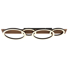 Stropní svítidlo, kov černý mat, MDF vzhled tmavého dřeva, černý matný plast, bílý plast, DxŠxV: 860x300x95mm, 2 kruhy ø: 300mm, 2 kruhy ø: 200mm, včetně LED 30W 230V, zdroj 3100lm, výkon 1500lm, 3000K