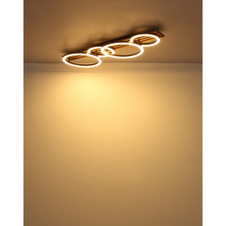 Stropní svítidlo, kov černý mat, MDF vzhled tmavého dřeva, černý matný plast, bílý plast, DxŠxV: 860x300x95mm, 2 kruhy ø: 300mm, 2 kruhy ø: 200mm, včetně LED 30W 230V, zdroj 3100lm, výkon 1500lm, 3000K