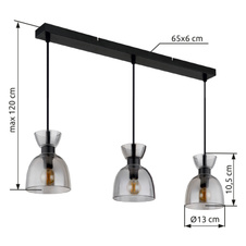 Závěsné svítidlo, černý matný kov, kouřové sklo, černý PVC kabel, možnost snížení výšky, DxŠxV: 650x130x1200mm, bez žárovek 3xE14, max. 40W 230V
