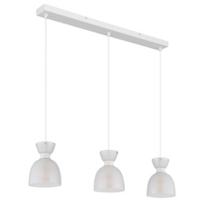 Závěsné svítidlo, bílý matný kov, bílé sklo, bílý PVC kabel, výškově nastavitelné, DxŠxV: 650x130x1200mm, bez žárovek 3xE14, max. 40W 230V