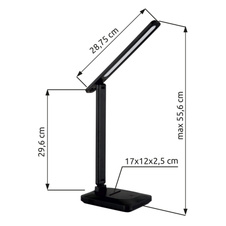 Stolní lampa, plast černý a bílý, dotykové zapnutí/vypnutí, dotykový stmívač a plynulé nastavení, nastavení barev, bez adaptéru, včetně USB kabelu, USB-A - USB-C, nabíjí se a svítí cca 4h, DxŠxV: 420x287,5x556mm, LED 3W 230V 150lm CCT 2800-6500K