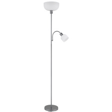 Stojací lampa, stříbrný kov, saténový plast, tlačítkový vypínač, flexo, ø: 260mm, V: 1787mm, kabel 1800mm, sklo reflektoru 260mm, a čtení 110mm, výška 90mm, bez žárovky 1xE27, max. 60W 230V, bez žárovky 1xE14, max. 40W 230V.
