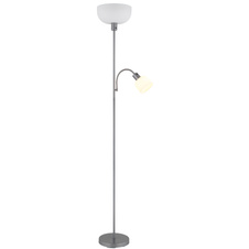 Stojací lampa, stříbrný kov, saténový plast, tlačítkový vypínač, flexo, ø: 260mm, V: 1787mm, kabel 1800mm, sklo reflektoru 260mm, a čtení 110mm, výška 90mm, bez žárovky 1xE27, max. 60W 230V, bez žárovky 1xE14, max. 40W 230V.