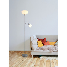 Stojací lampa, stříbrný kov, saténový plast, tlačítkový vypínač, flexo, ø: 260mm, V: 1787mm, kabel 1800mm, sklo reflektoru 260mm, a čtení 110mm, výška 90mm, bez žárovky 1xE27, max. 60W 230V, bez žárovky 1xE14, max. 40W 230V.