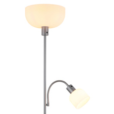 Stojací lampa, stříbrný kov, saténový plast, tlačítkový vypínač, flexo, ø: 260mm, V: 1787mm, kabel 1800mm, sklo reflektoru 260mm, a čtení 110mm, výška 90mm, bez žárovky 1xE27, max. 60W 230V, bez žárovky 1xE14, max. 40W 230V.