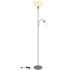Stojací lampa, stříbrný kov, saténový plast, tlačítkový vypínač, flexo, ø: 260mm, V: 1787mm, kabel 1800mm, sklo reflektoru 260mm, a čtení 110mm, výška 90mm, bez žárovky 1xE27, max. 60W 230V, bez žárovky 1xE14, max. 40W 230V.