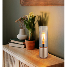 Stolní lampa, matný kov v barvě cappuccino, kouřové sklo, čirý gradient, bílý textilní kabel, dotykové zapínání/vypínání, sklo s drážkami, ø: 90mm, V: 300mm, délka kabelu 1500mm, bez žárovky 1xE27, max. 25W 230V