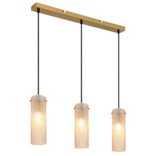 Závěsné svítidlo, zlatý kov, jantarové sklo, černý textilní kabel, výškově nastavitelné, DxŠxV: 650x80x1200mm, bez žárovek 3xE14, max. 40W 230V