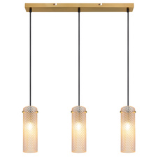 Závěsné svítidlo, zlatý kov, jantarové sklo, černý textilní kabel, výškově nastavitelné, DxŠxV: 650x80x1200mm, bez žárovek 3xE14, max. 40W 230V
