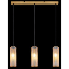 Závěsné svítidlo, zlatý kov, jantarové sklo, černý textilní kabel, výškově nastavitelné, DxŠxV: 650x80x1200mm, bez žárovek 3xE14, max. 40W 230V